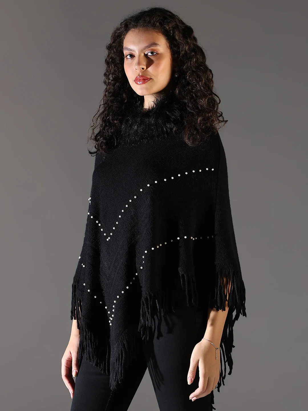 Women Black Solid Longline Poncho