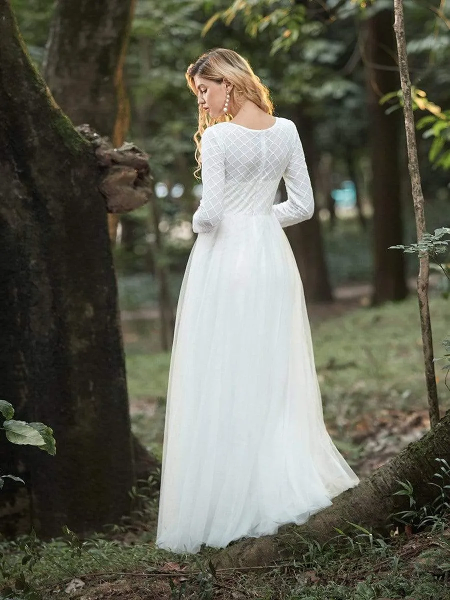 Women's Fancy Round Neck Tulle Wedding Dress with Long Sleeves