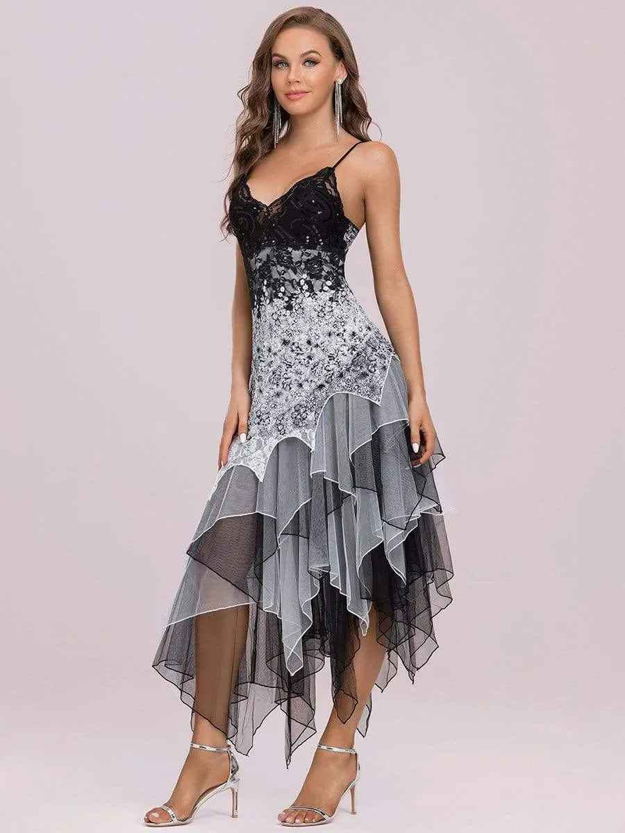 Women's V Neck Multi Color Asymmetrical Hems Prom Dress