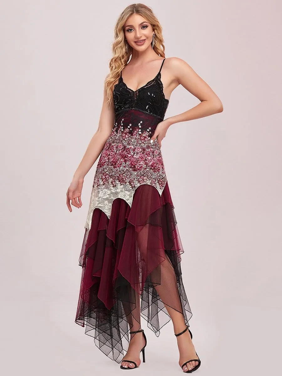 Women's V Neck Multi Color Asymmetrical Hems Prom Dress