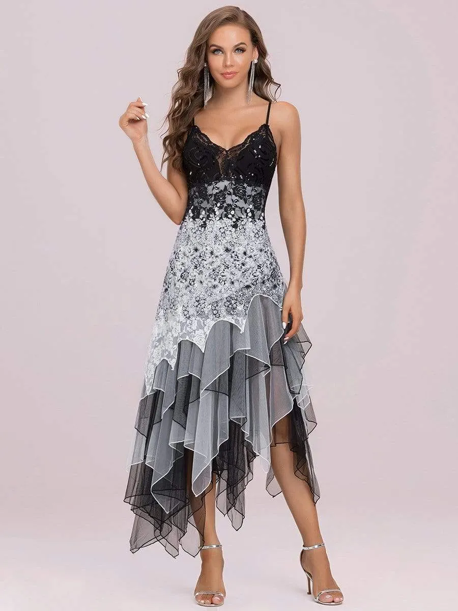 Women's V Neck Multi Color Asymmetrical Hems Prom Dress