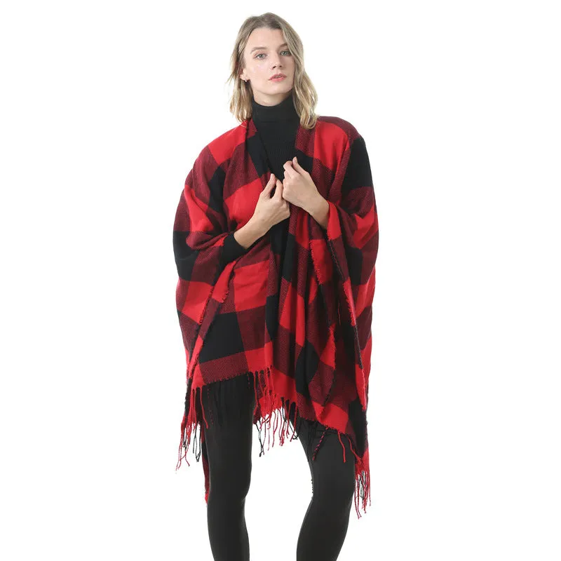 Women's Winter Warm Oversized Blanket Sweater Plaid Shawl