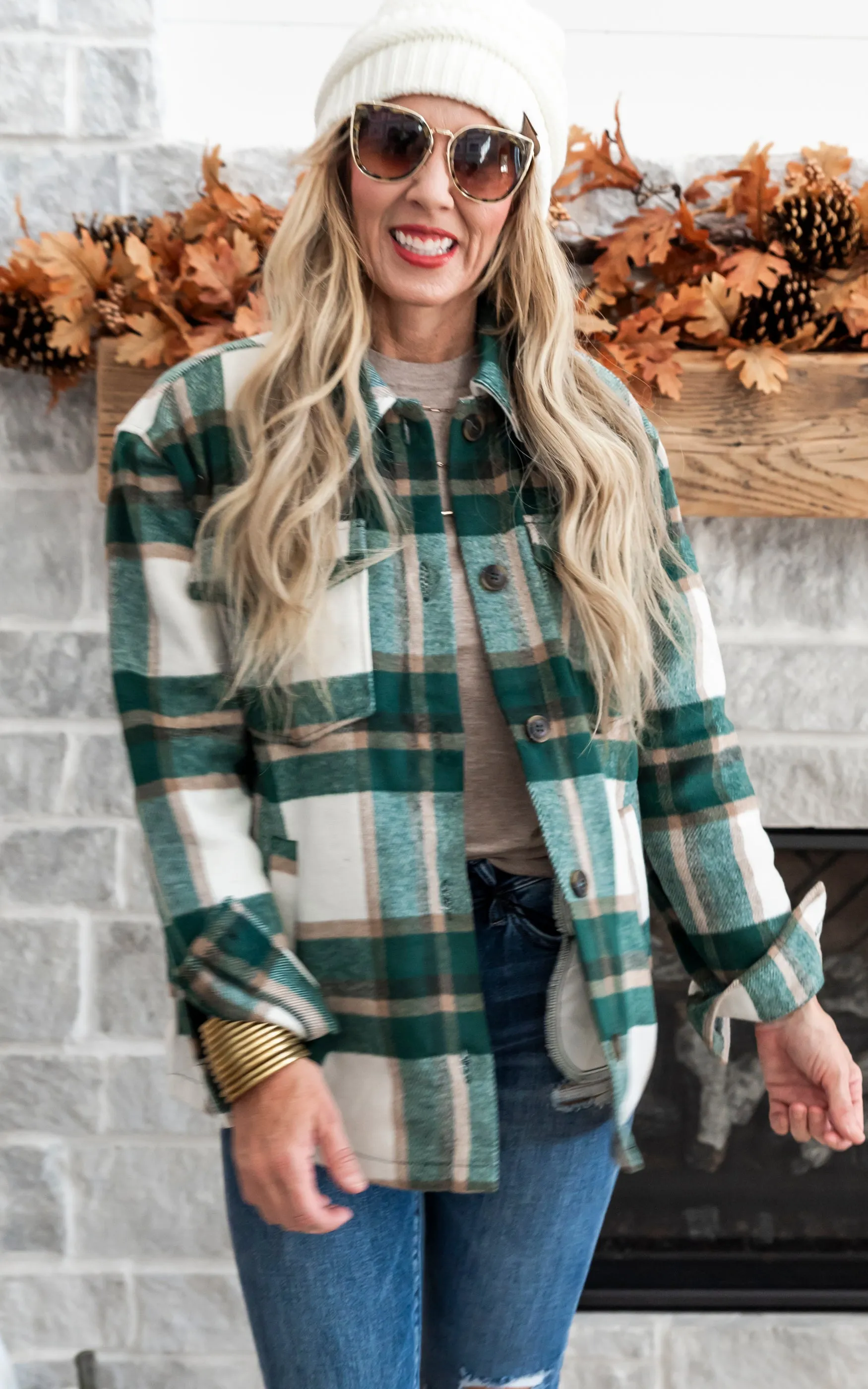 Wool Blend Plaid Button Up Shacket - Green