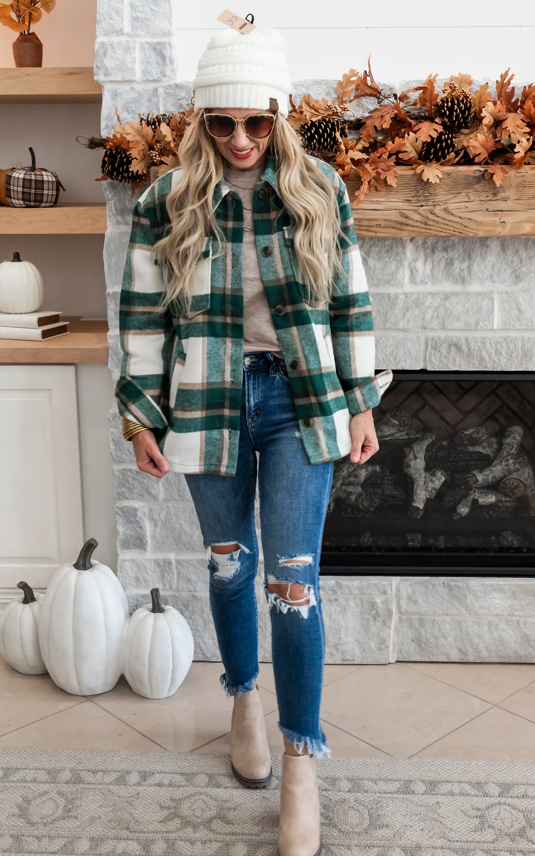 Wool Blend Plaid Button Up Shacket - Green