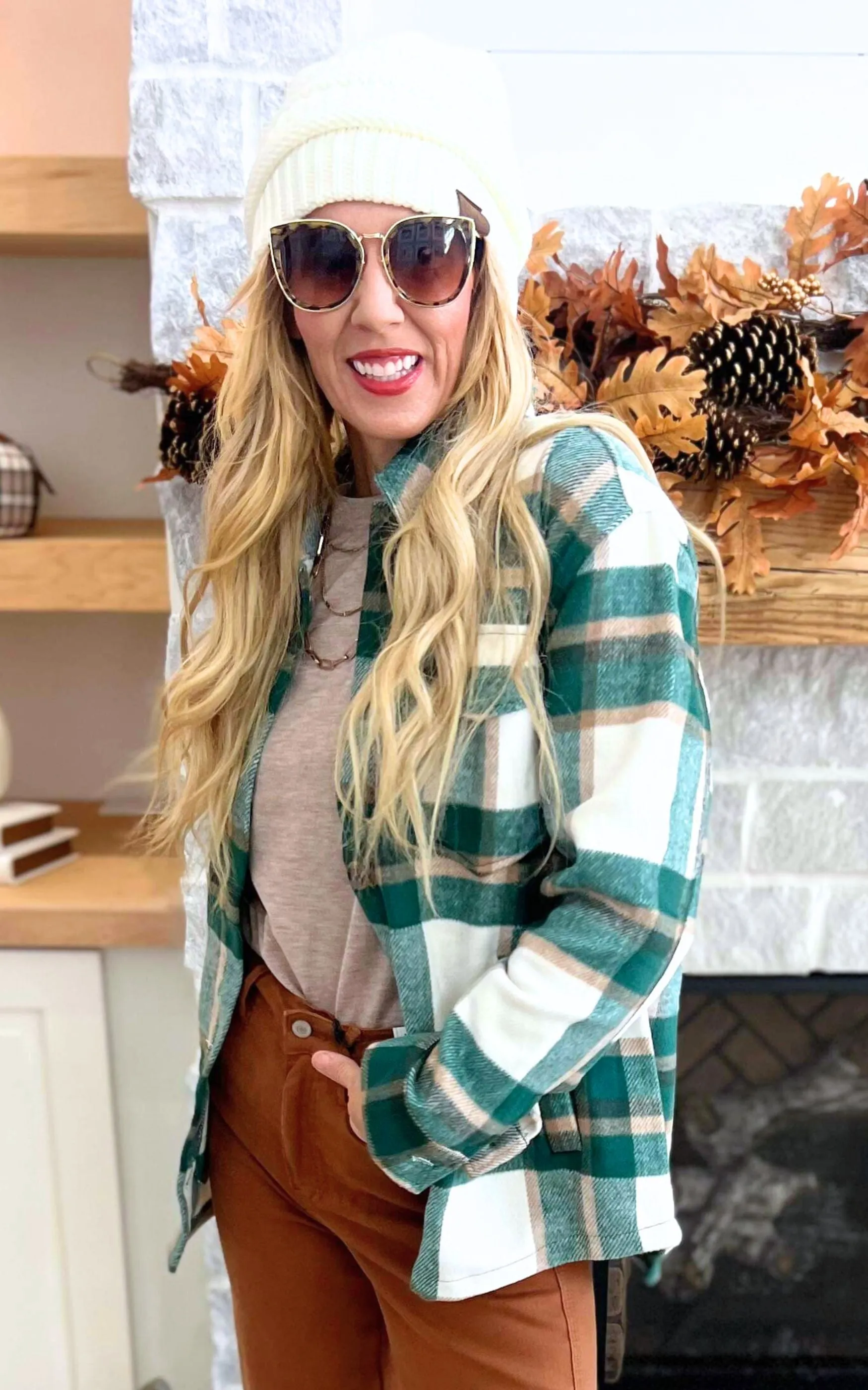 Wool Blend Plaid Button Up Shacket - Green