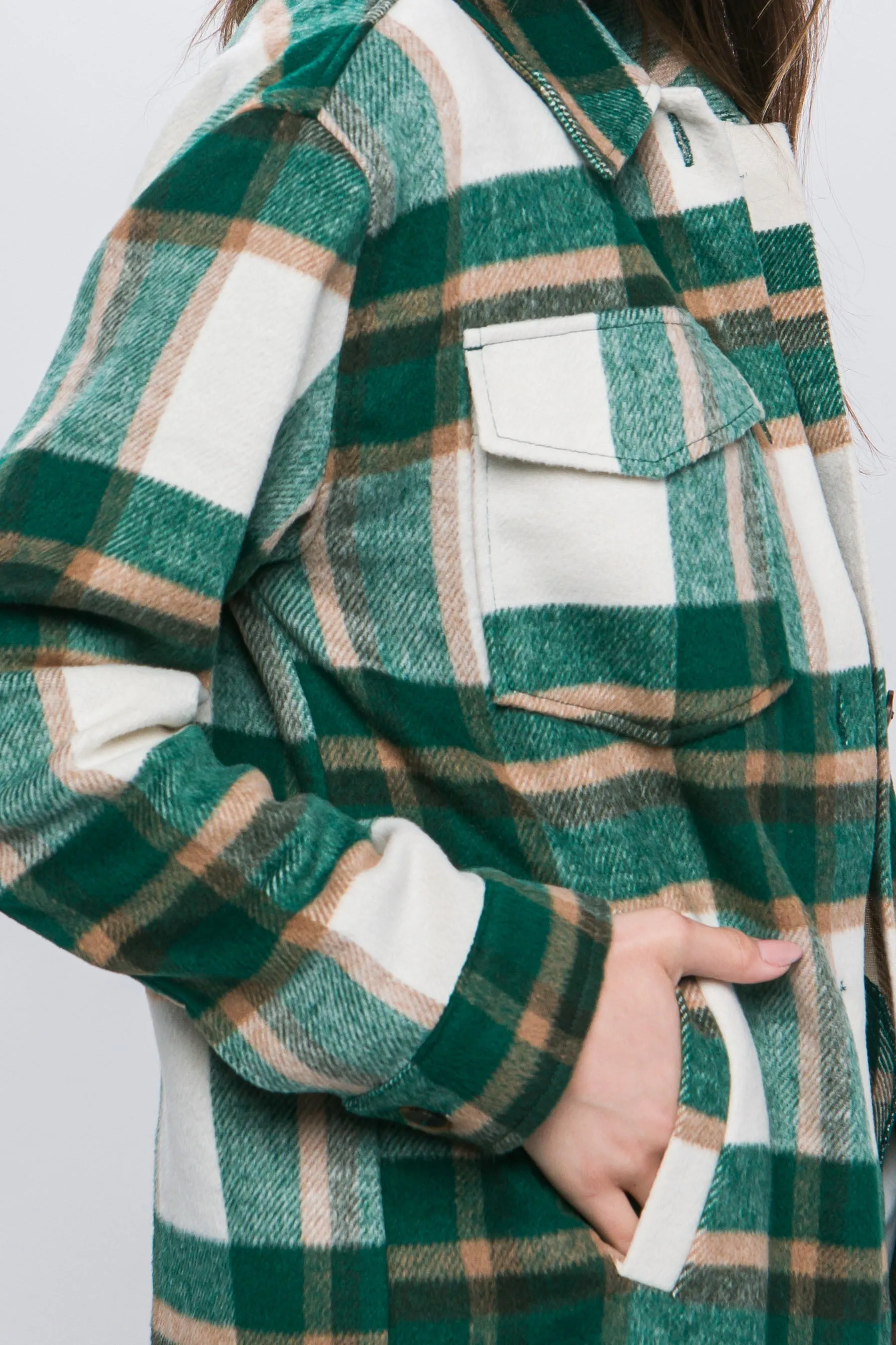 Wool Blend Plaid Button Up Shacket - Green