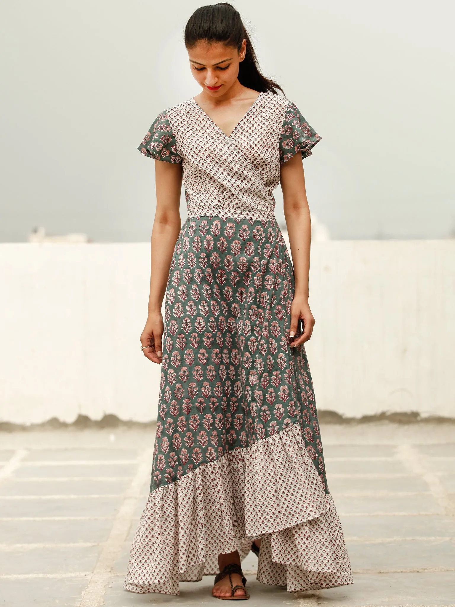 Wrap Round  - Block Printed Cotton Long Dress  - D367FXXX