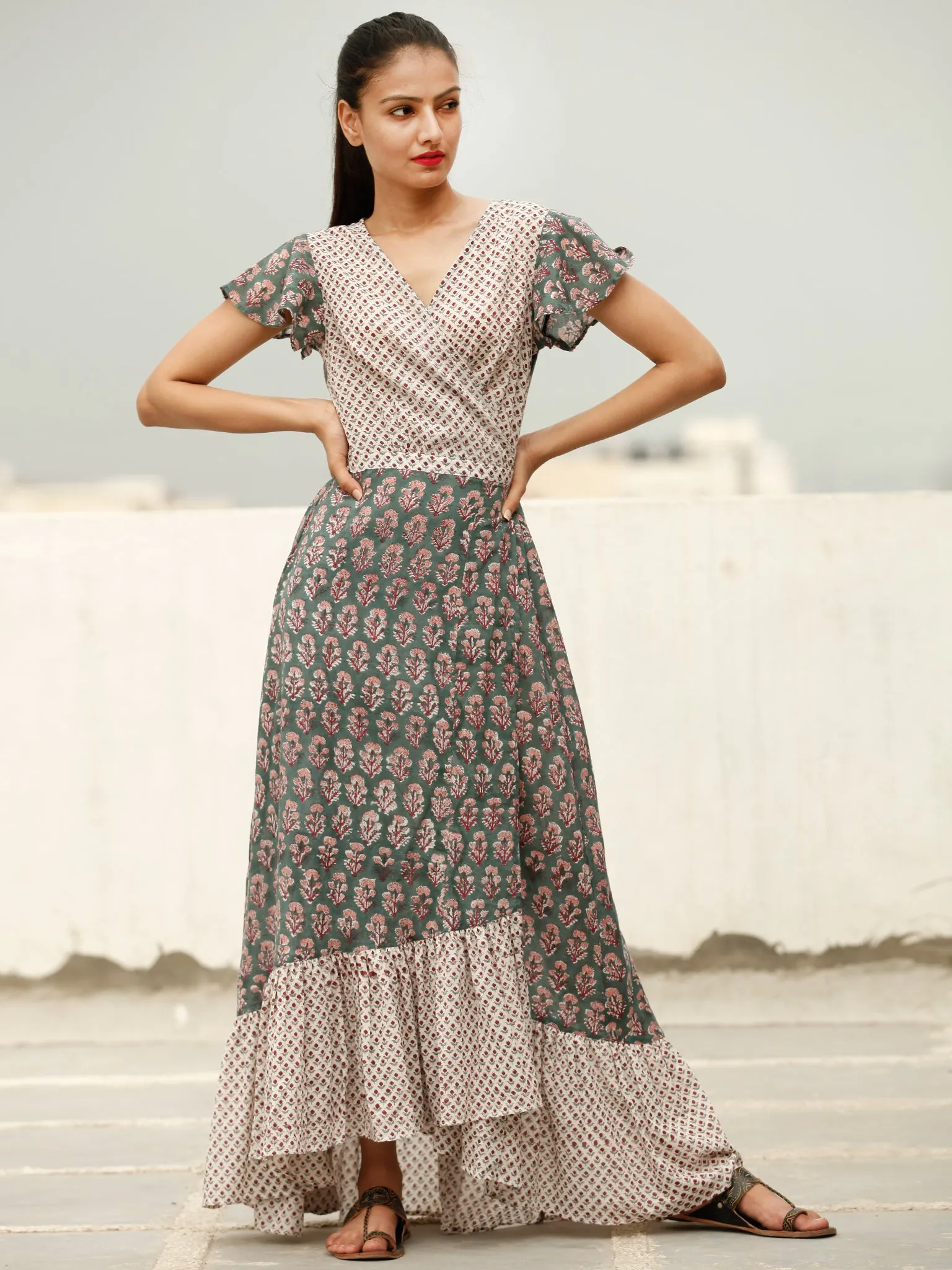 Wrap Round  - Block Printed Cotton Long Dress  - D367FXXX