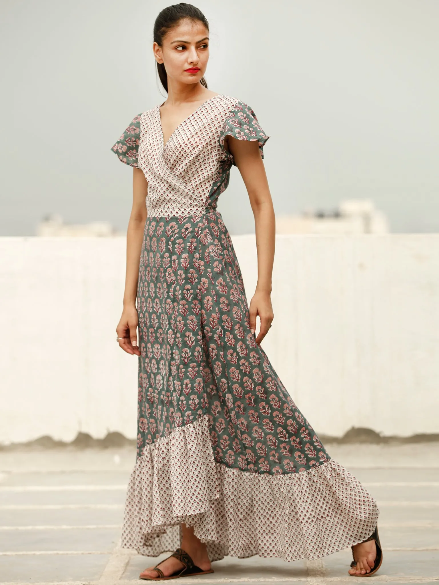 Wrap Round  - Block Printed Cotton Long Dress  - D367FXXX