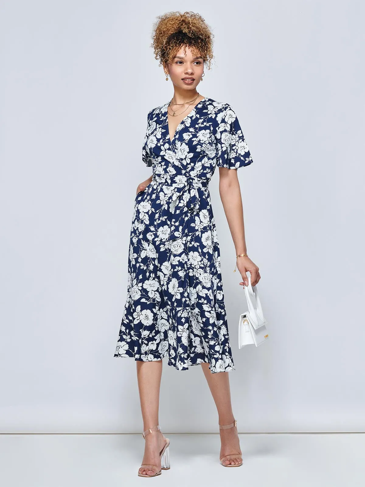 Wylla Wrap Woven Midi Dress, Navy Floral