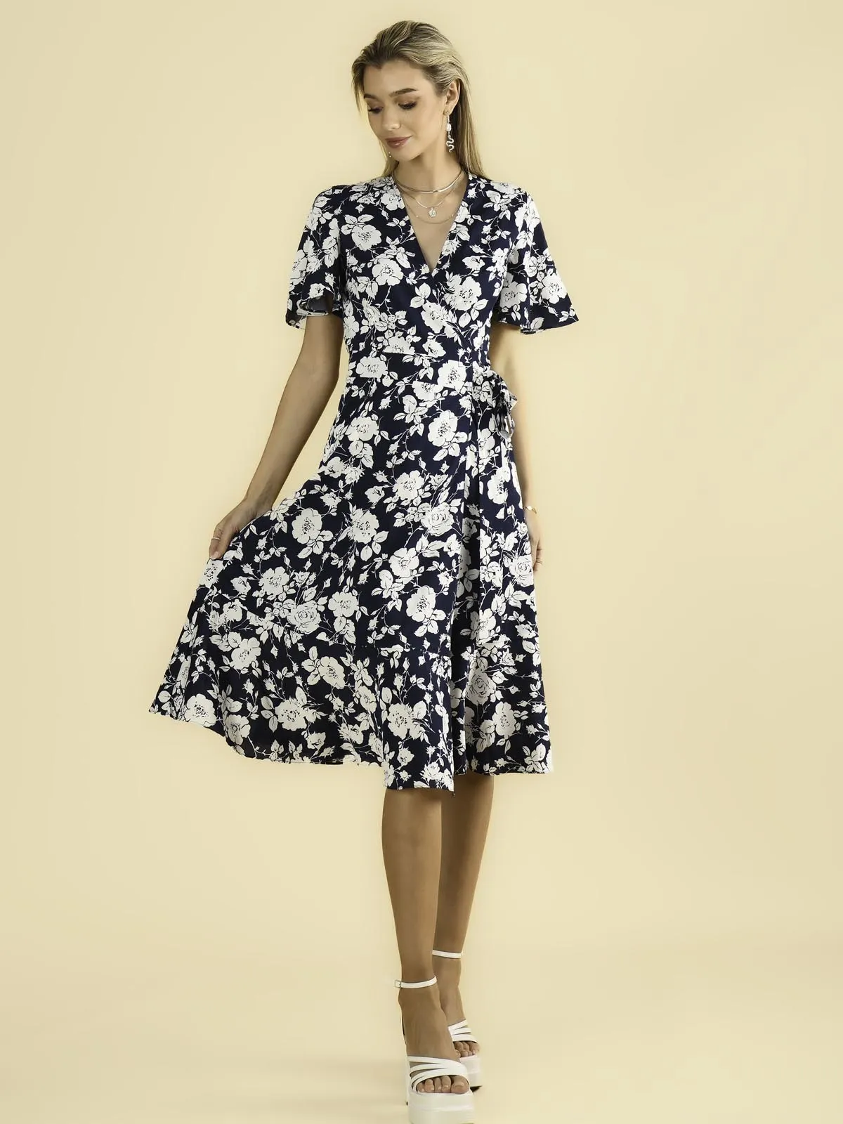 Wylla Wrap Woven Midi Dress, Navy Floral