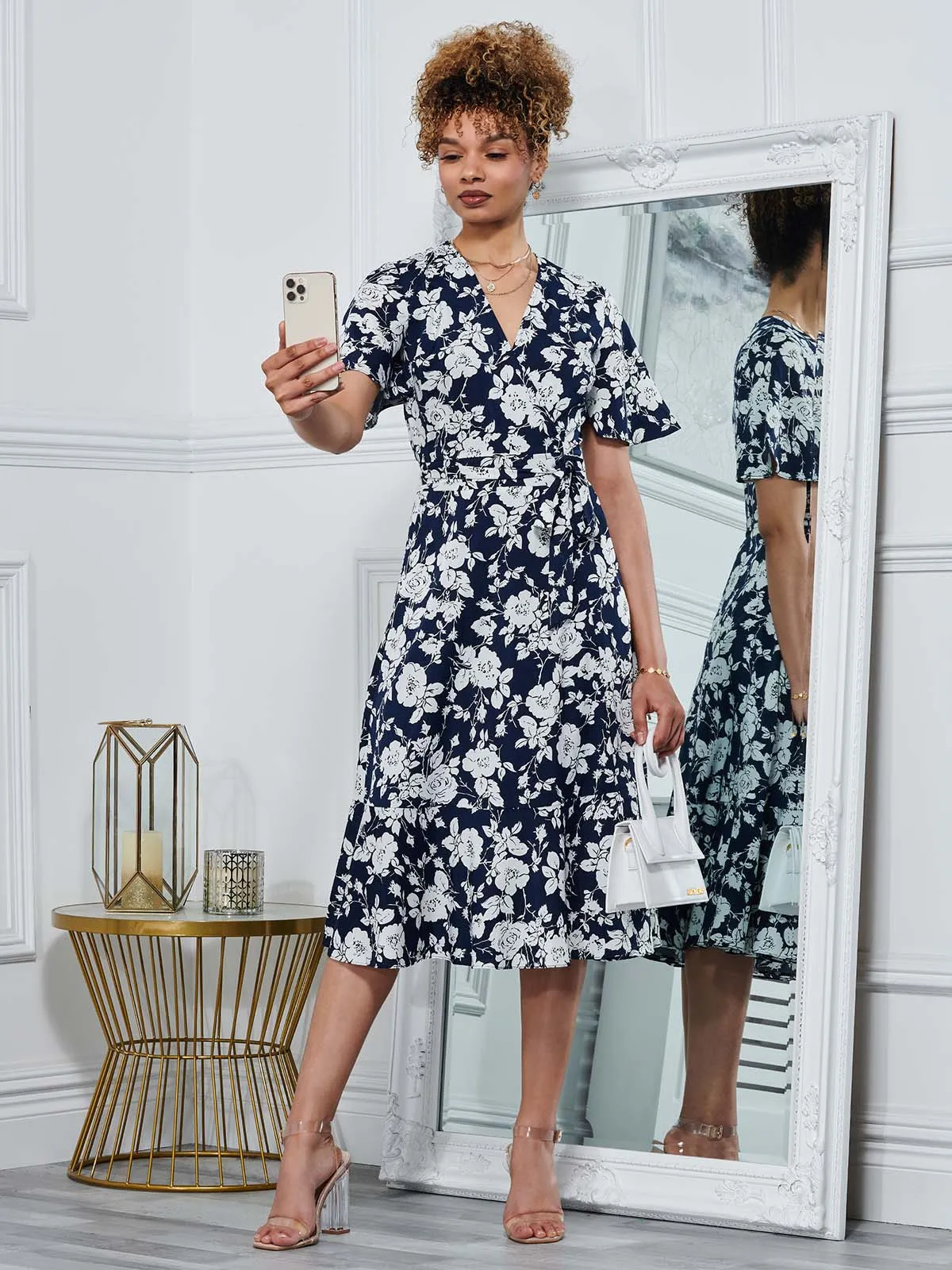 Wylla Wrap Woven Midi Dress, Navy Floral