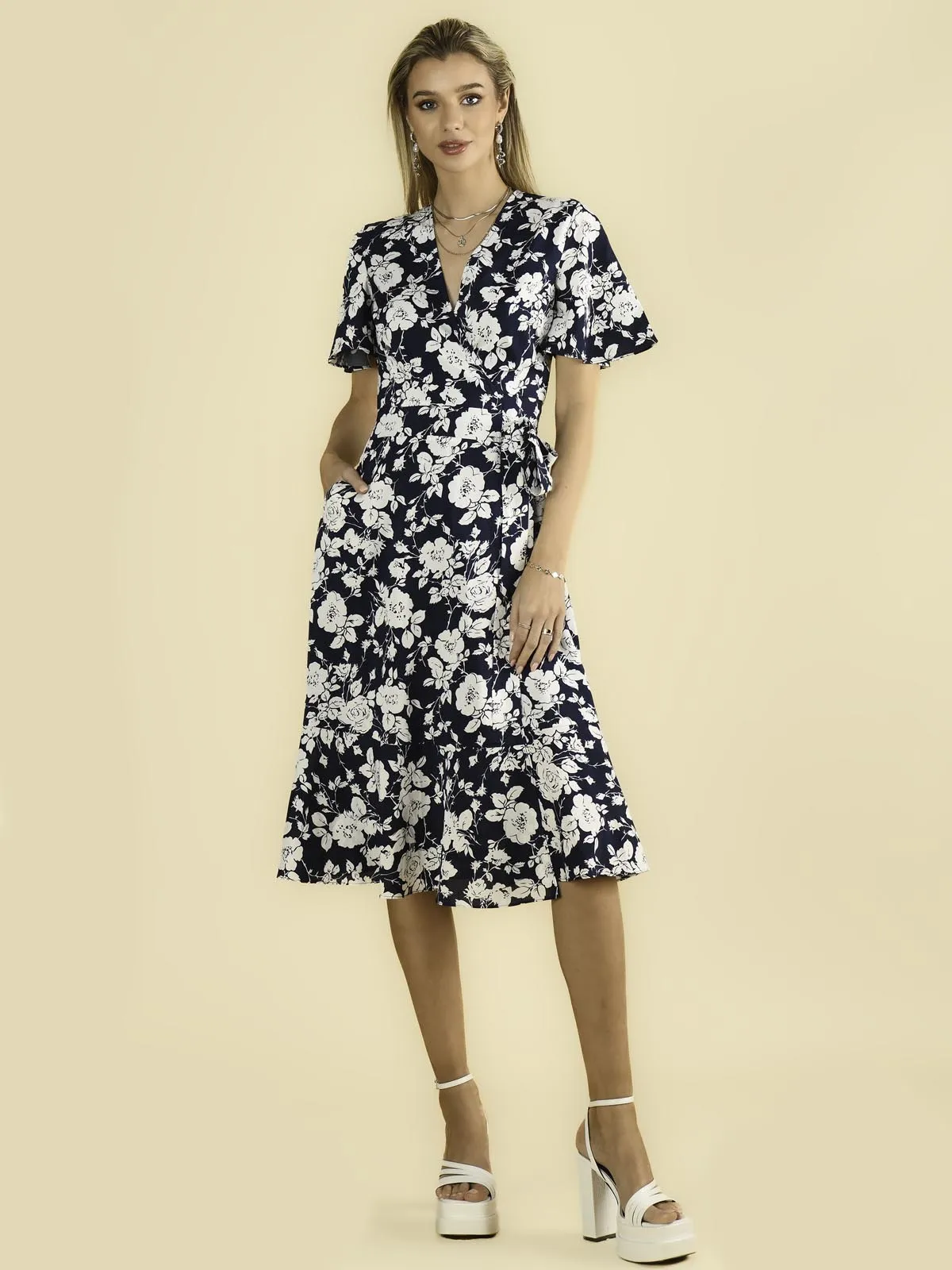 Wylla Wrap Woven Midi Dress, Navy Floral