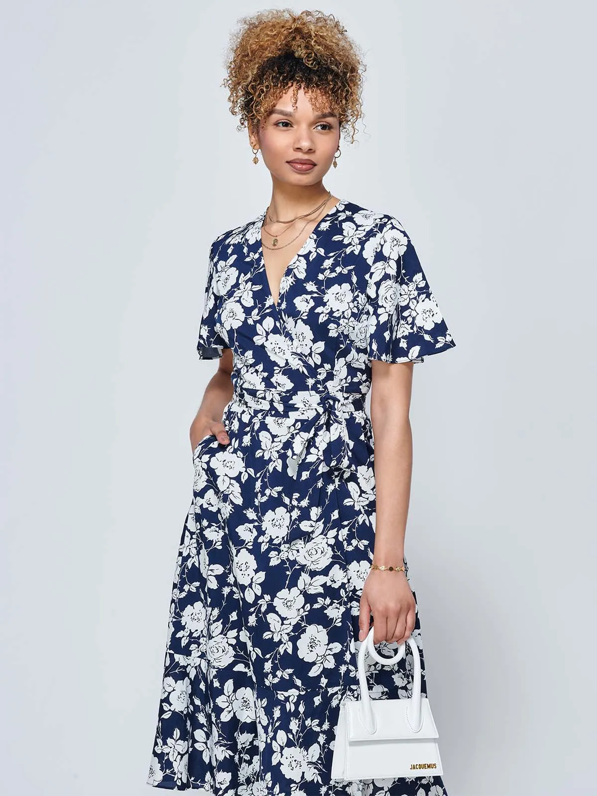 Wylla Wrap Woven Midi Dress, Navy Floral