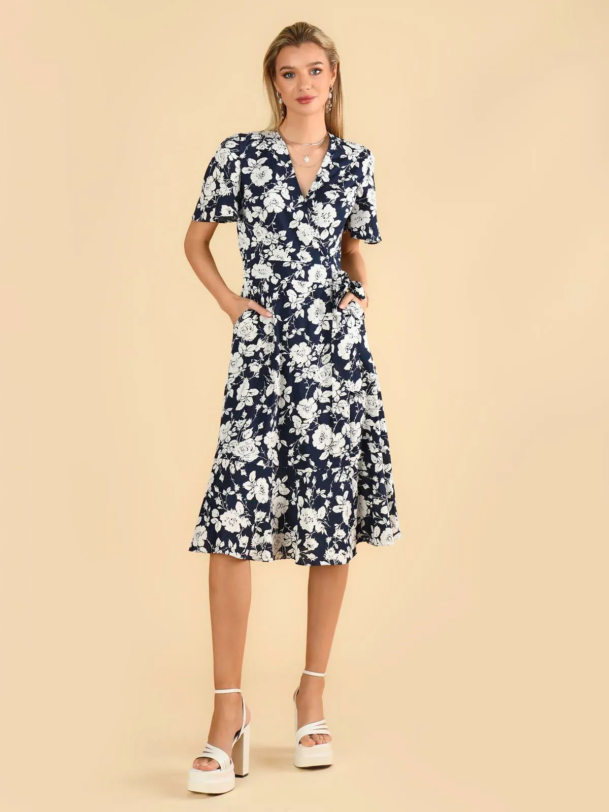 Wylla Wrap Woven Midi Dress, Navy Floral