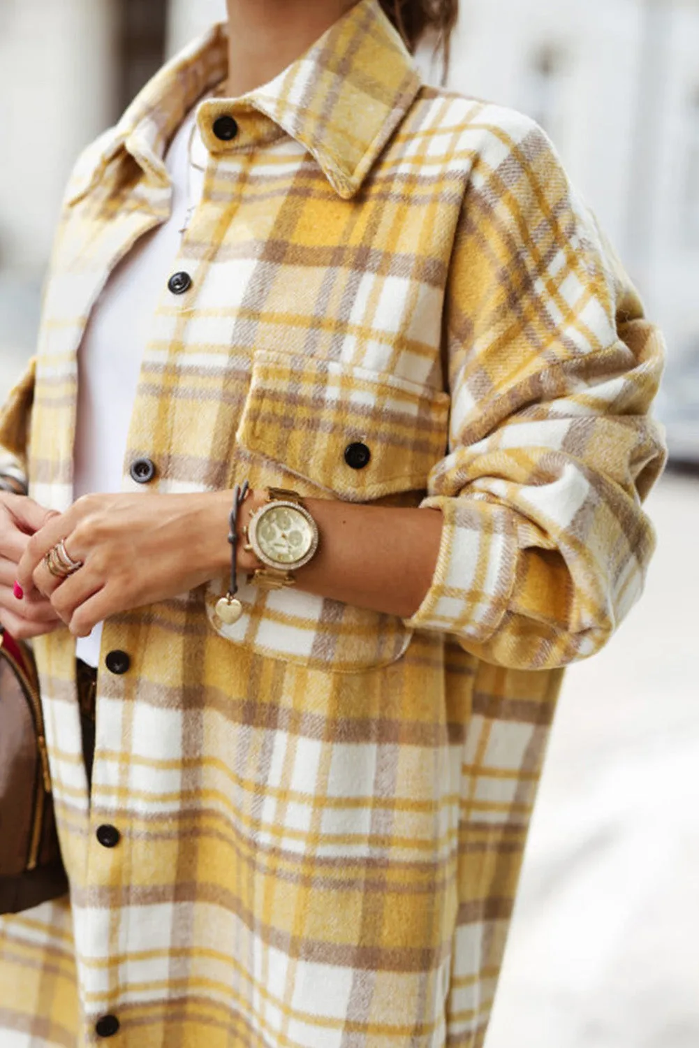 Yellow Plaid Print Flap Pocket Long Sleeve Shacket