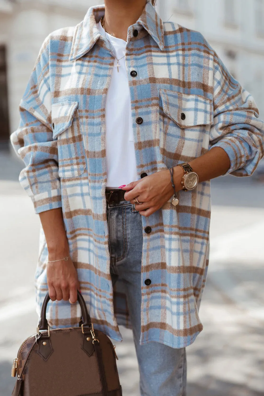 Yellow Plaid Print Flap Pocket Long Sleeve Shacket