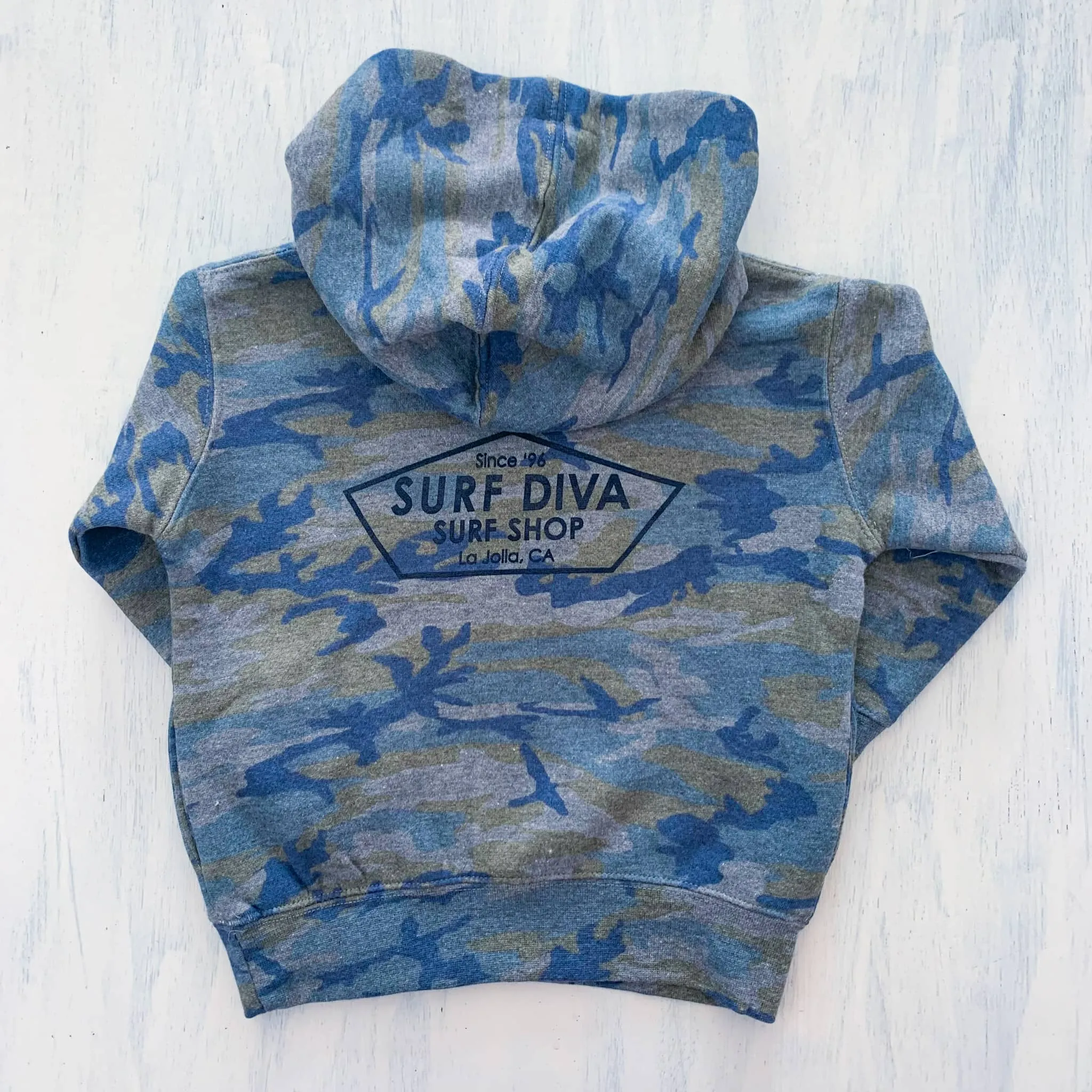 YOUTH HOODIE SWEATSHIRT with SURF DIVA SURF SHOP  (camo green/blue)