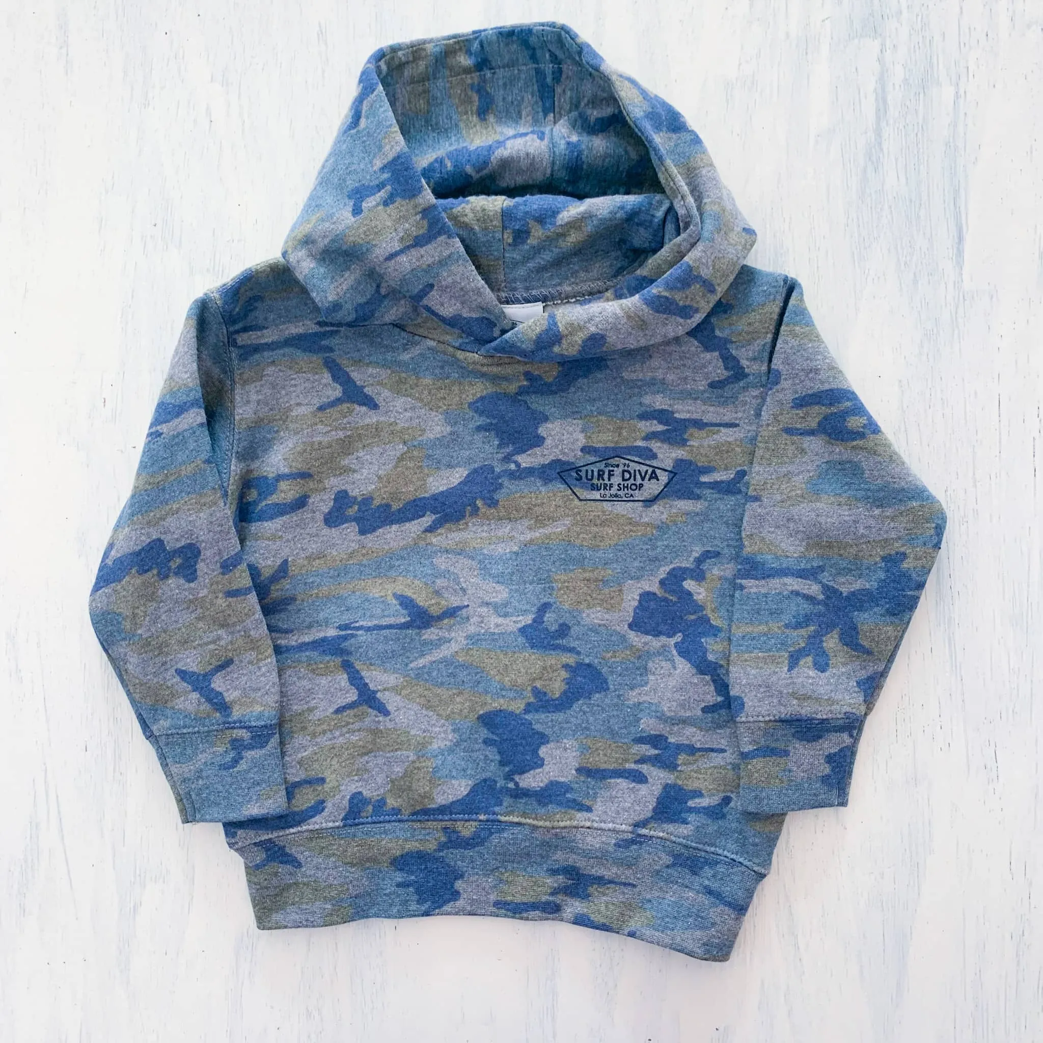 YOUTH HOODIE SWEATSHIRT with SURF DIVA SURF SHOP  (camo green/blue)